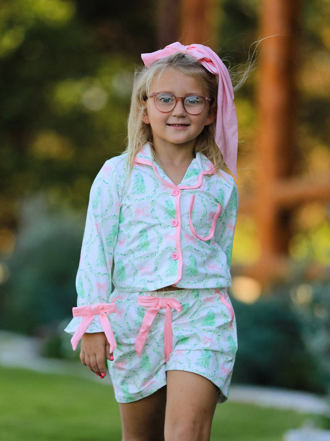 Christmas Tree &amp; Bow Print Girls Pajama Set