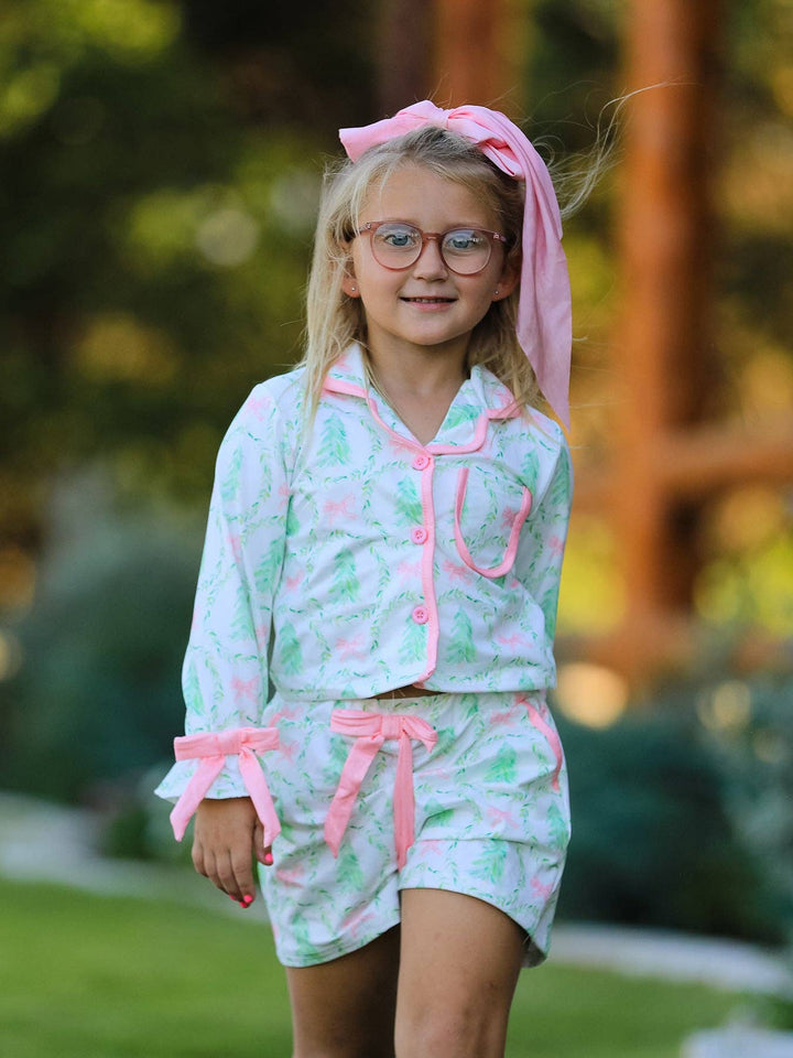 Christmas Tree &amp; Bow Print Girls Pajama Set