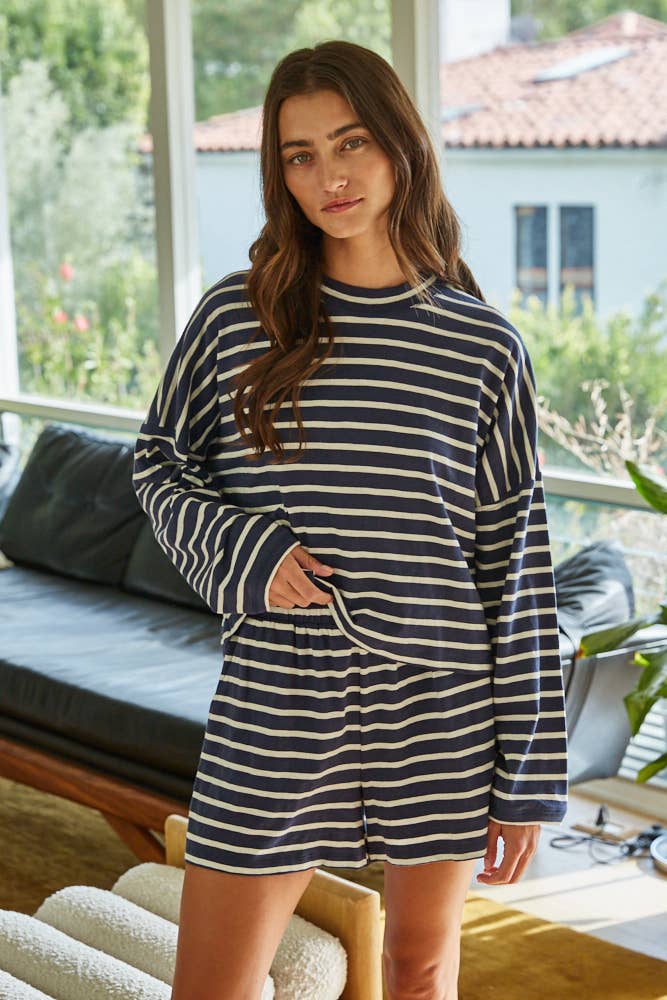 L8797B | Knit Cotton Striped Elastic Waist Shorts