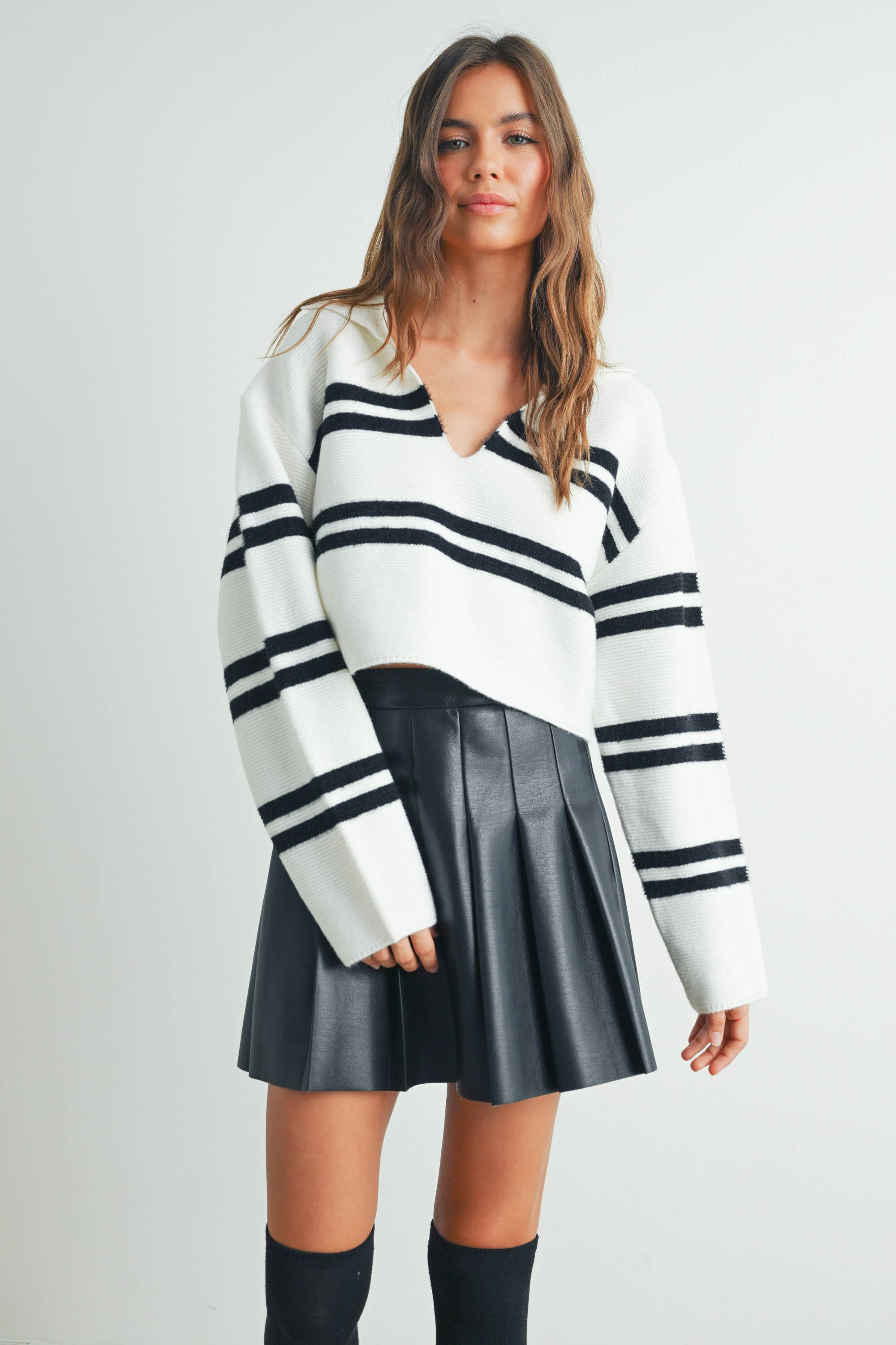 ButterMelonStripe Crop Collar Sweater Top - BMW7393