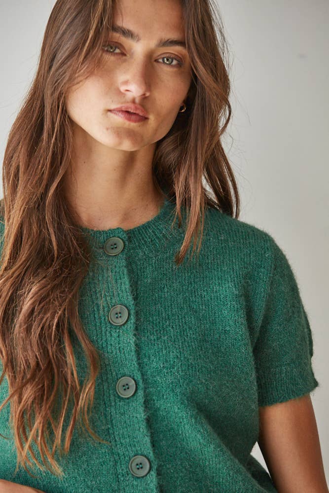 W2554 | Knit Sweater Button Down Short Sleeve Cardigan Top