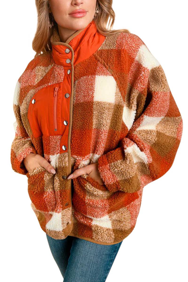 Button Down Plaid Sherpa With Side Pockets