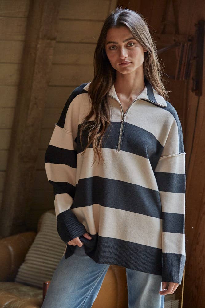 W2199 | Knit Striped Turtleneck Half Zip Up Top