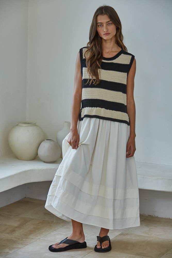 W2505 | Knit Sweater Cotton Striped Sleeveless Midi Dress