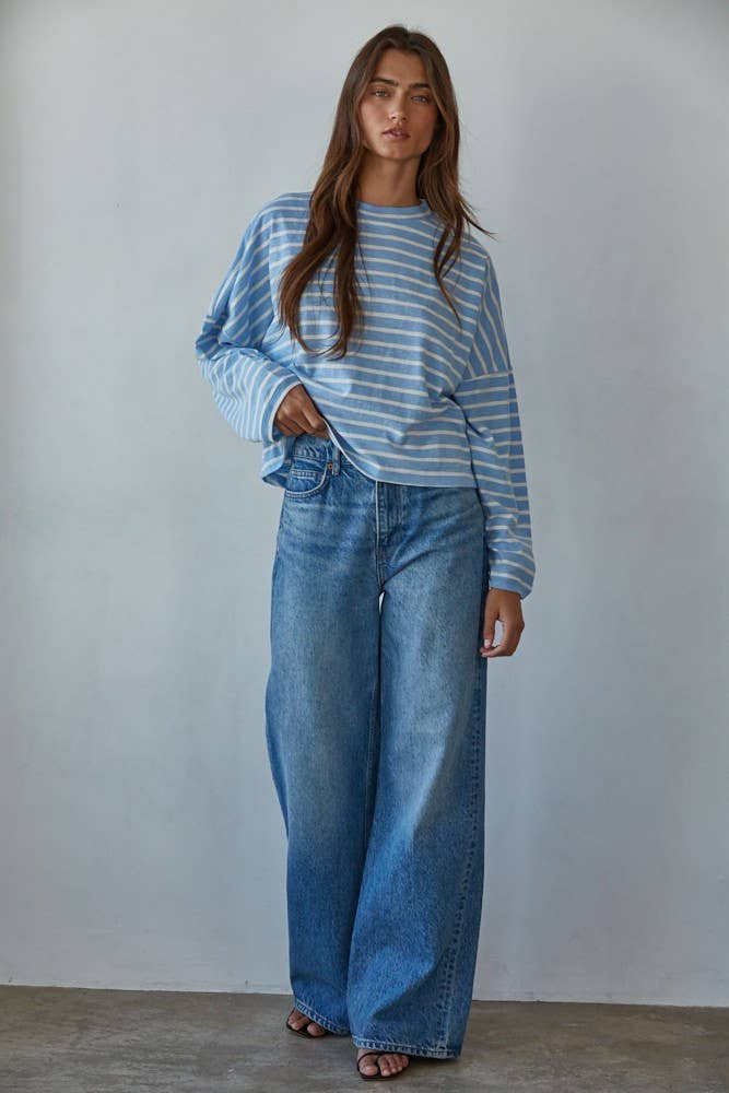 L8797T | Knit Cotton Striped Mock Neck Long Sleeve