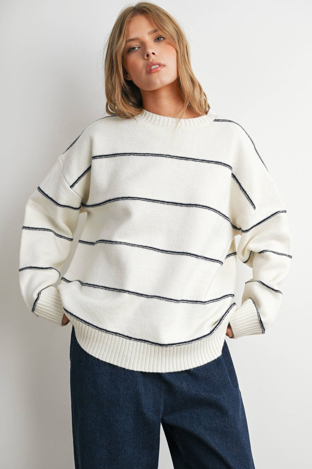 FALL STRIPED PATTERN DROP SHOULDER SWEATER - BMW7421
