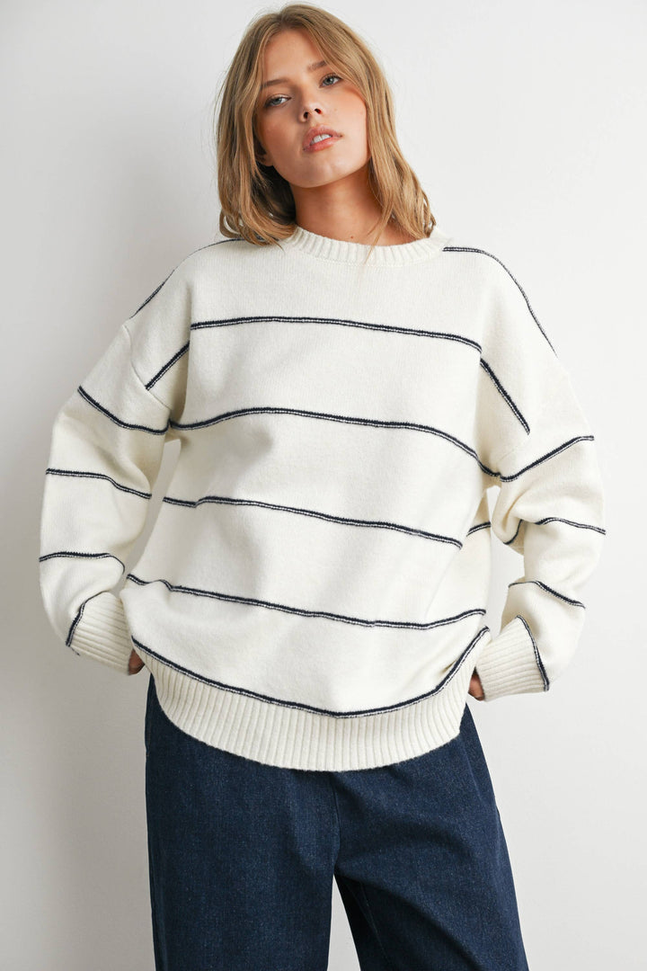 FALL STRIPED PATTERN DROP SHOULDER SWEATER - BMW7421