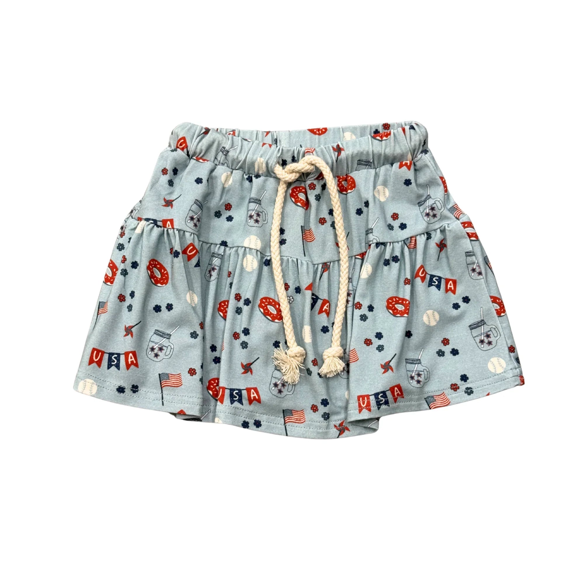 Light blue kids' shorts with USA flags, donuts, baseballs, and mason jars, perfect for PNW adventures.