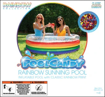 Rainbow inflatable pool with classic rainbow print, perfect for outdoor fun and beach days.