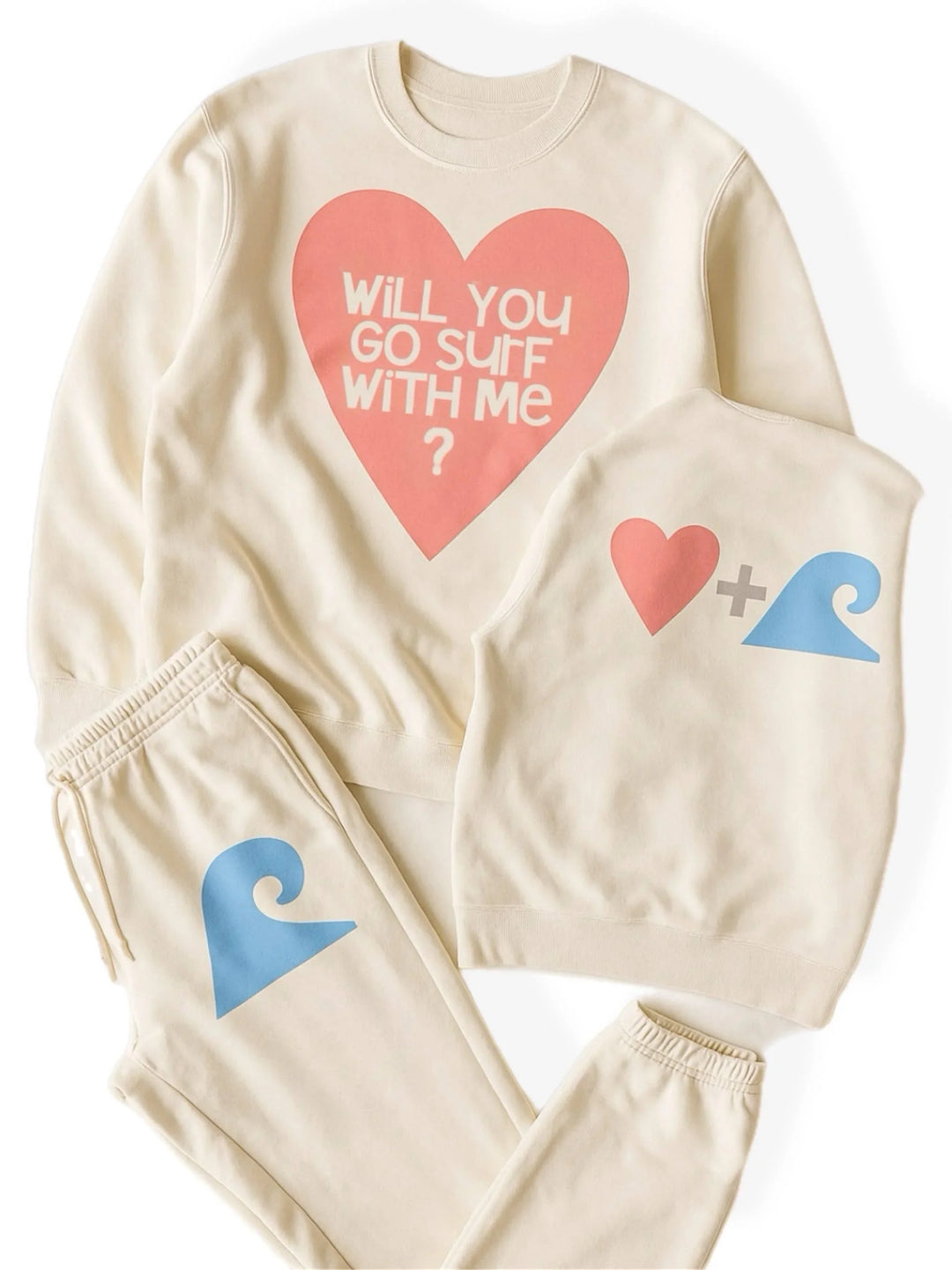 Cream surf-themed sweatshirt set with 'Will You Go Surf With Me?' heart graphic and wave designs