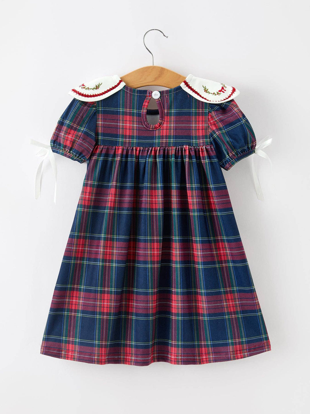 Navy Red Christmas Plaid Wreath Embroidered Girl Dress