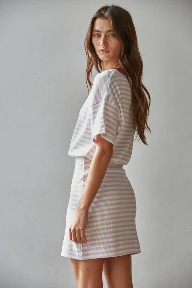 L9706 | Knit Cotton Spandex Striped Ribbed Short Sleeve Mini