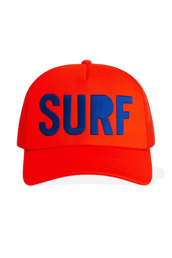 Bright orange trucker hat with bold blue &