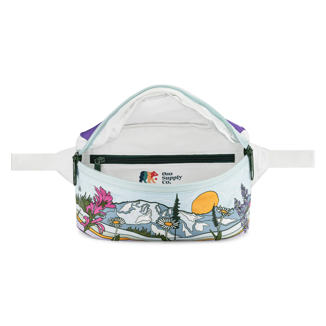 Floral mountain print fanny pack with scenic nature design and Oso Supply Co. branding