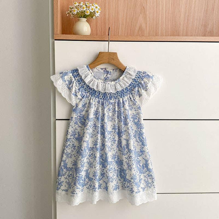 Blue floral baby dress with lace trim and ruffled sleeves