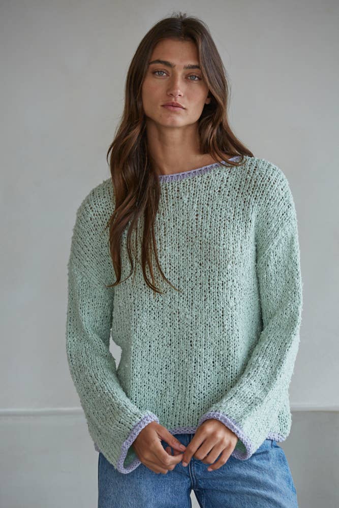 W1919 | Knit Sweater Pullover Top With Contrast Hems Detail
