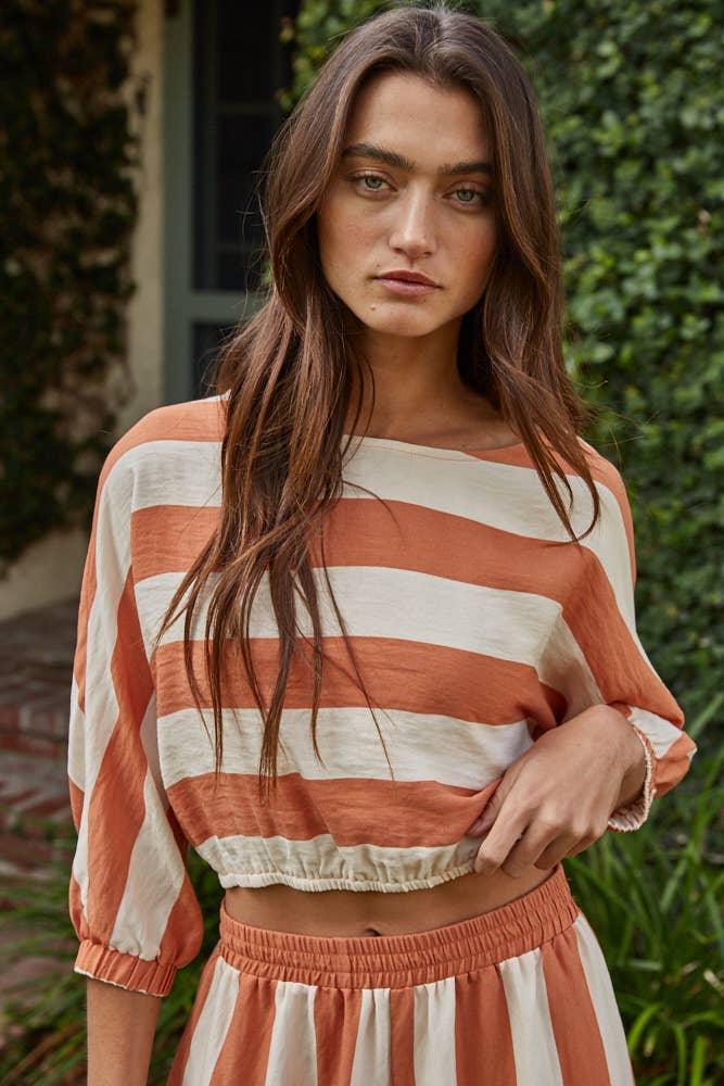 L9809T | Woven Rayon Nylon Striped Short Sleeve Crop Top