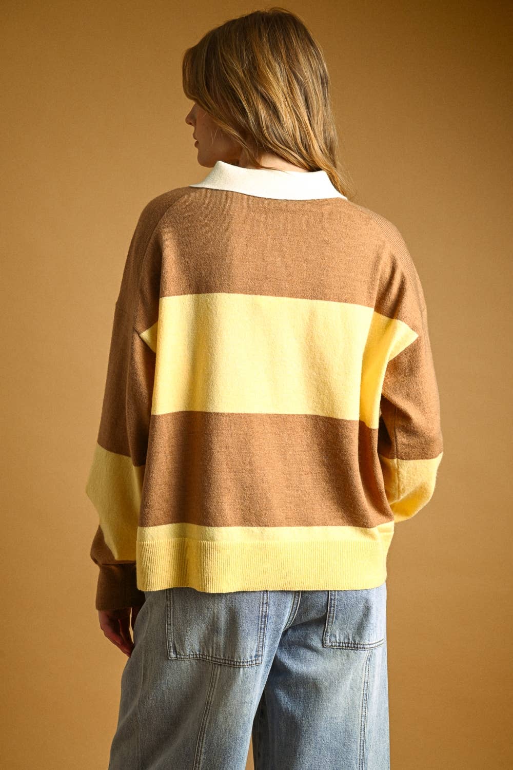 T7635   COLOR BLOCK SWEATER KNIT COLLAR TOP