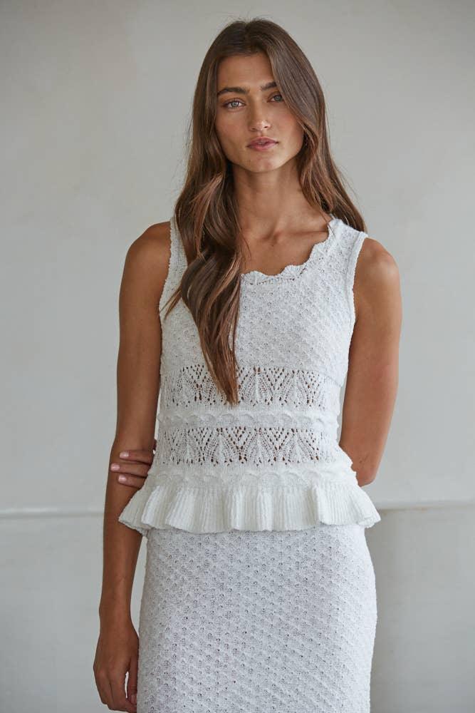 White lace peplum top and matching skirt for coastal summer style