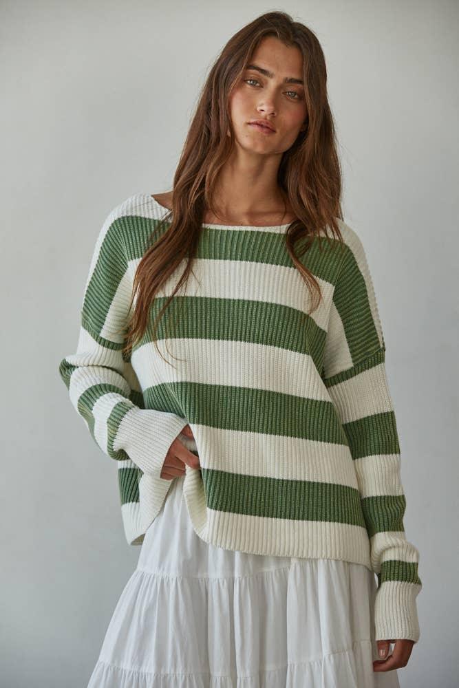 W2295 | Knit Sweater Striped Cotton Boat Neck Long Sleeve