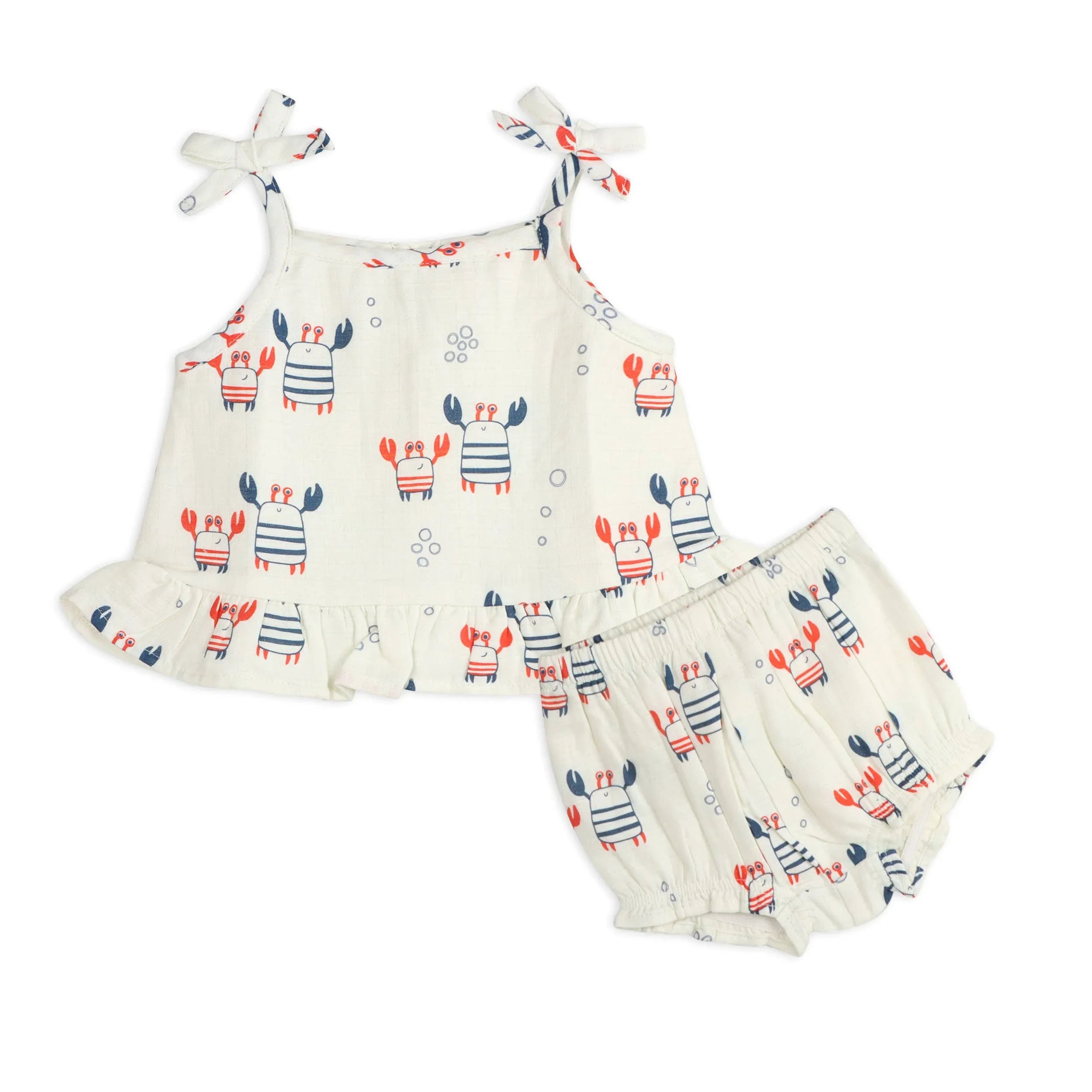 Baby girl crab print 2-piece set with tie straps and ruffled shorts, nautical summer outfit