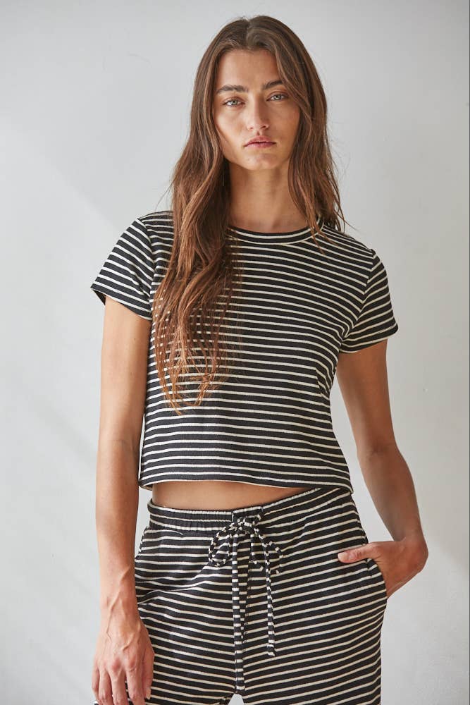 L8945T | Knit Polyester Cotton Striped Short Sleeve Top