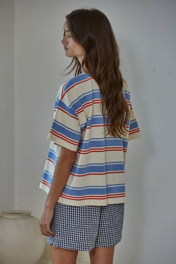 L9696 | Knit Cotton Multi Striped Short Sleeve Top