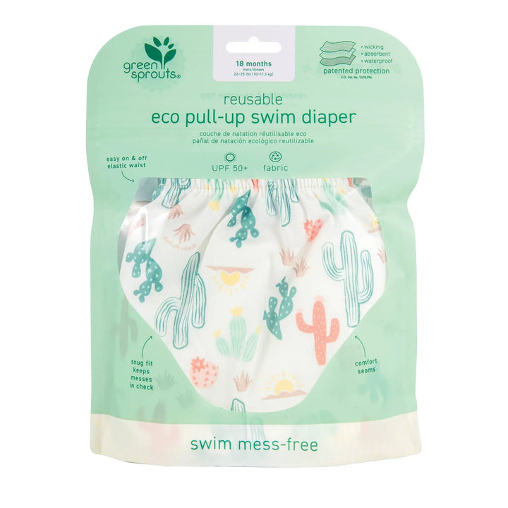 Reusable eco pull-up swim diaper with cactus print, UPF 50+, snug fit, and comfort seams for mess-free swimming.