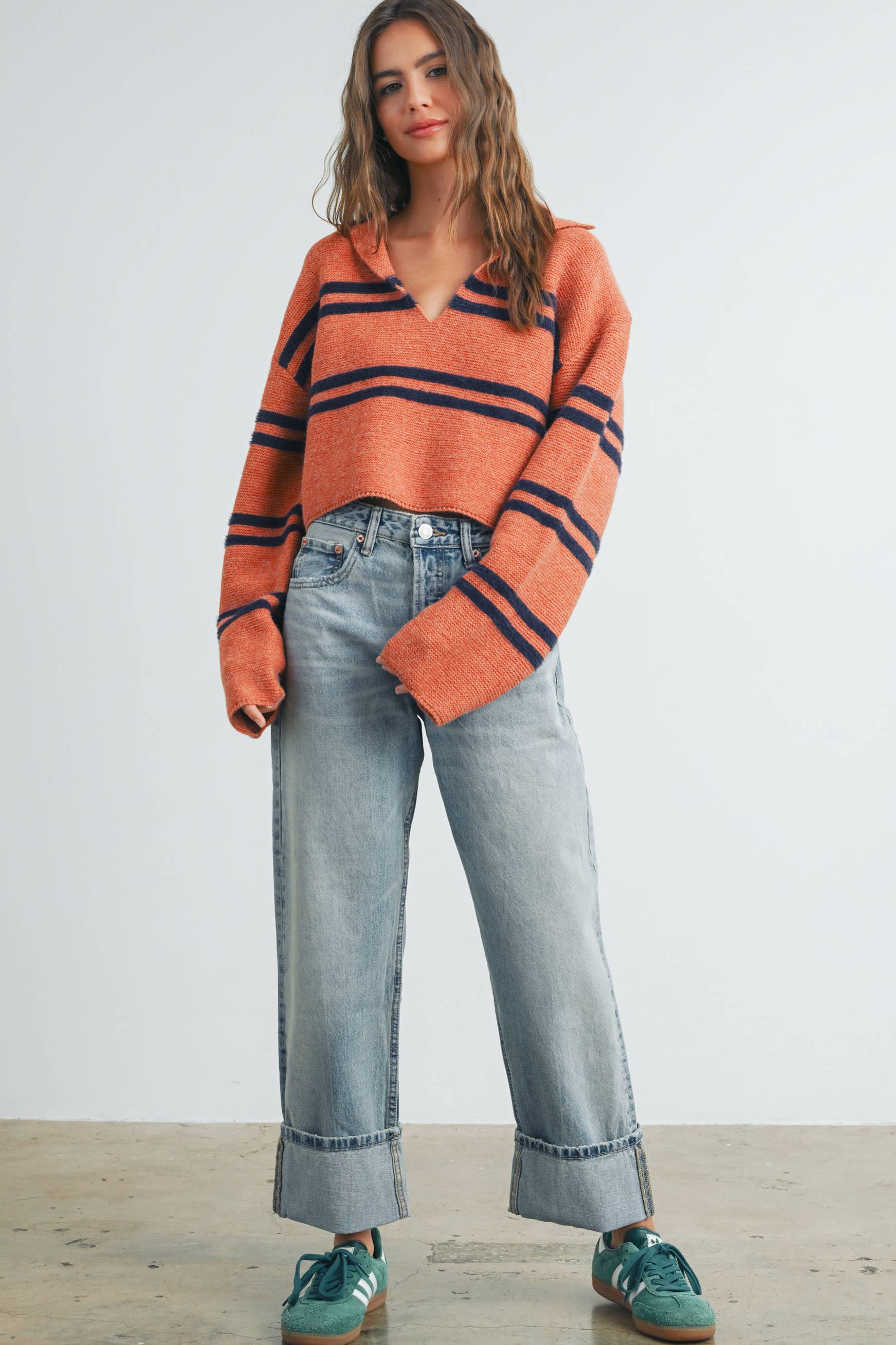 ButterMelonStripe Crop Collar Sweater Top - BMW7393