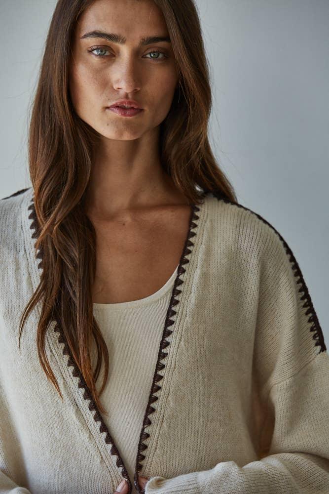 W2357 | Knit Sweater Contrast Stitch Open Cardigan