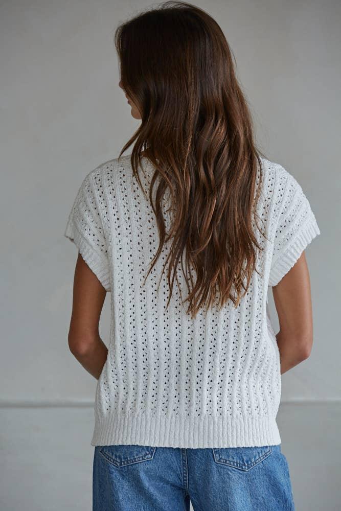 W2445 | Knit Sweater Cotton Crochet Short Sleeve Pullover