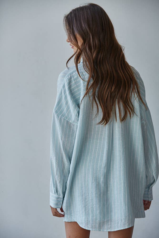 L9320T | Woven Poly Cotton Striped Collar Neck Shirt Top