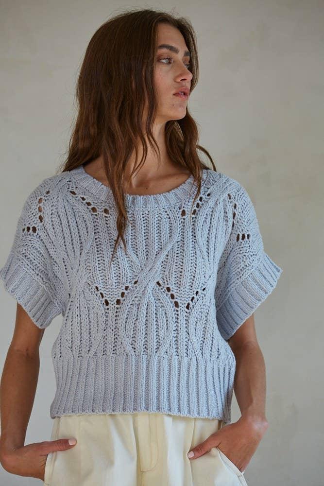 Light blue knit crop top with short sleeves and openwork pattern, styled with cream pants