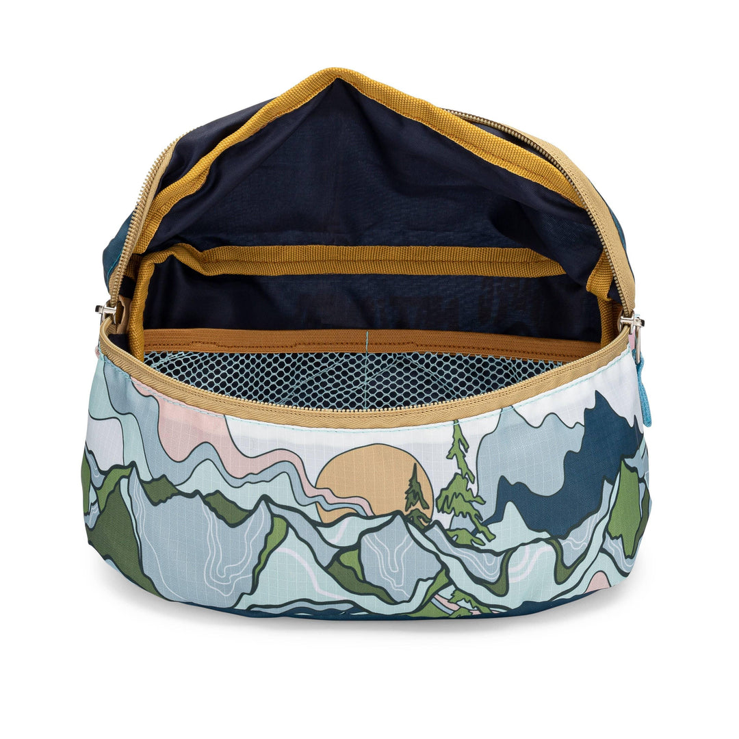 Mountain-themed bag with scenic print, mesh interior, and gold zipper for outdoor adventures