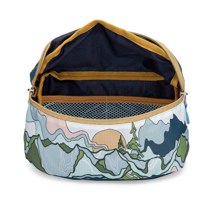 Mountain-themed bag with scenic print, mesh interior, and gold zipper for outdoor adventures