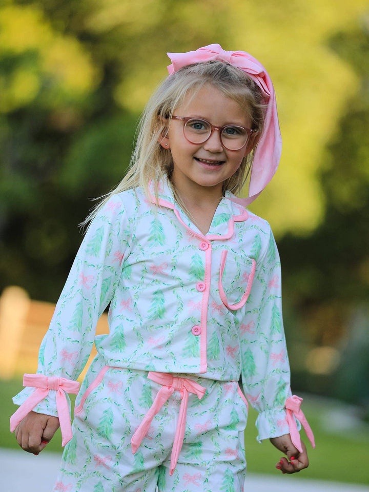 Christmas Tree &amp; Bow Print Girls Pajama Set