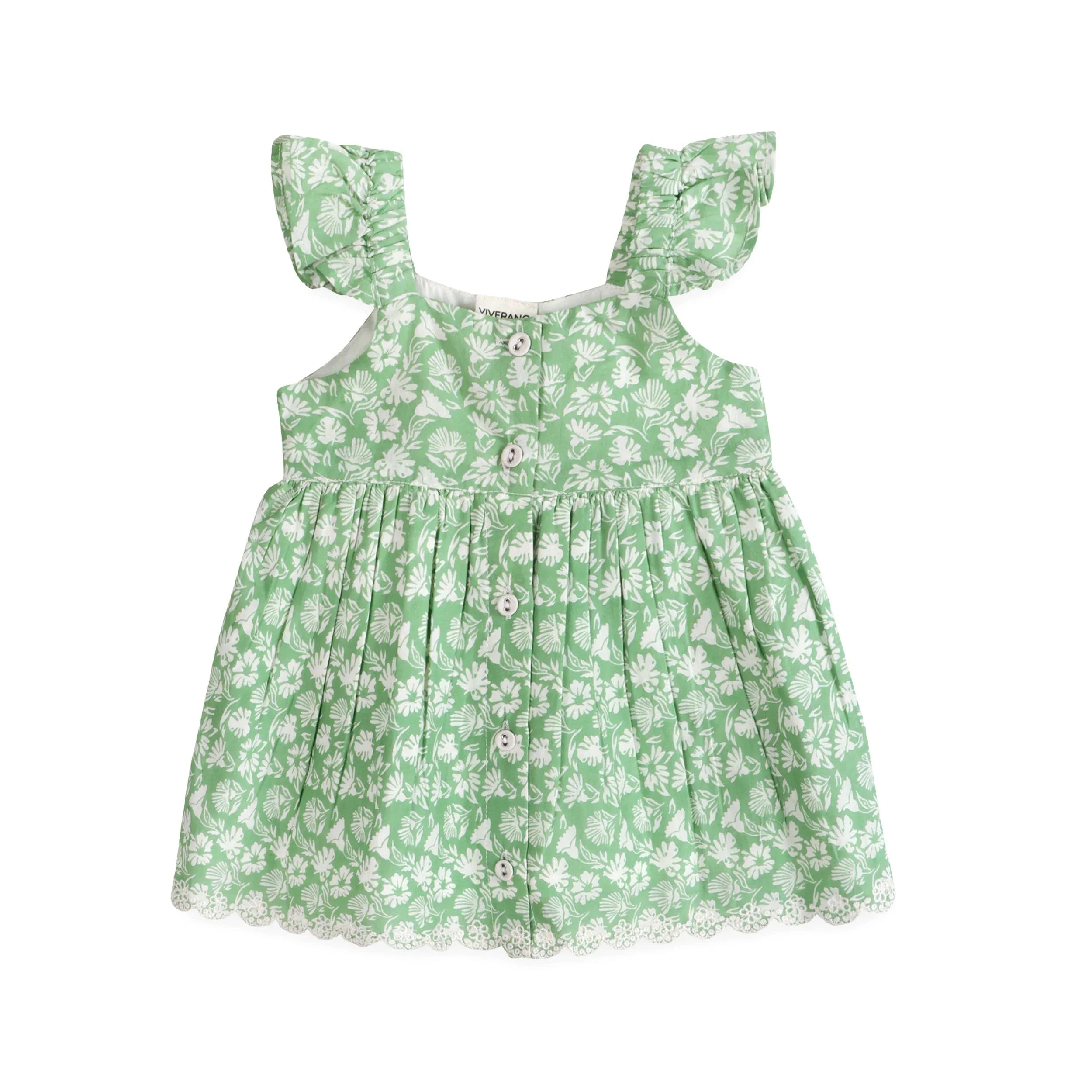 Green floral baby dress with ruffled sleeves and button front, perfect for spring outfits.