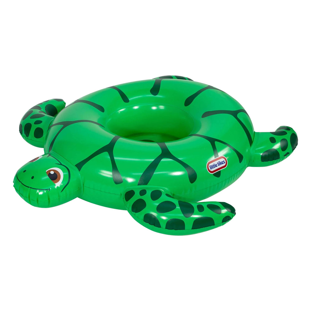 Green turtle-shaped inflatable pool float for kids, perfect for beach days and summer fun.