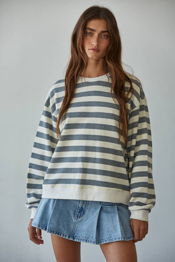 L8583 | Knit Cotton Striped Crew Neck Long Sleeve Sweatshirt