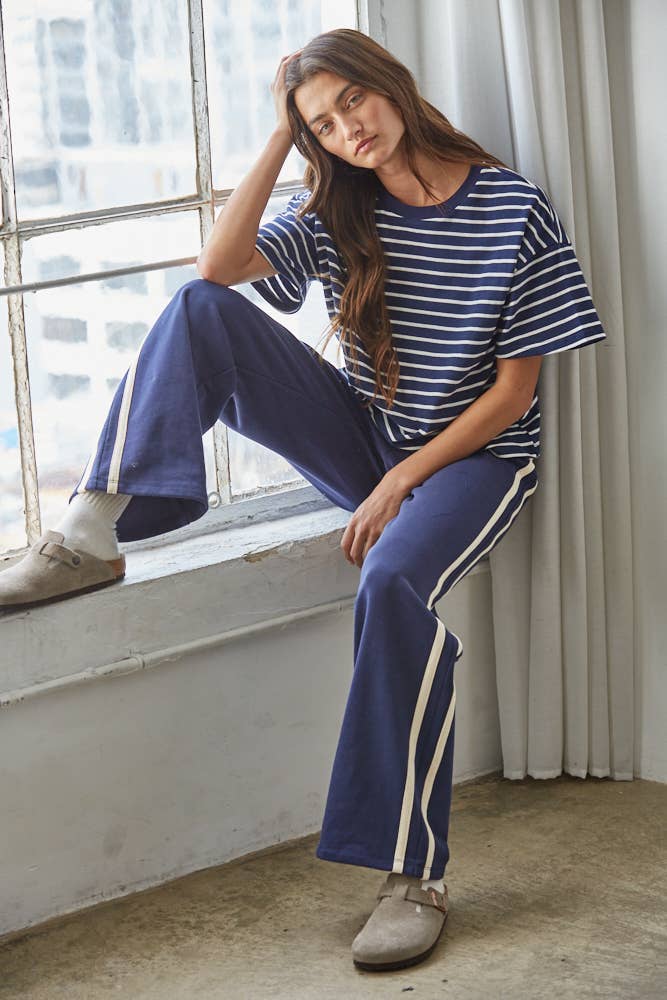 L9691 | Knit Cotton Striped Short Sleeve Crew Neck Top