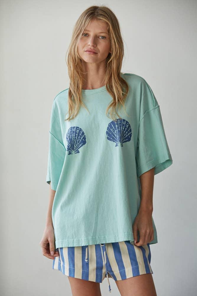 L9468 | Knit Cotton Graphic Shell Print Crew Oversized Top
