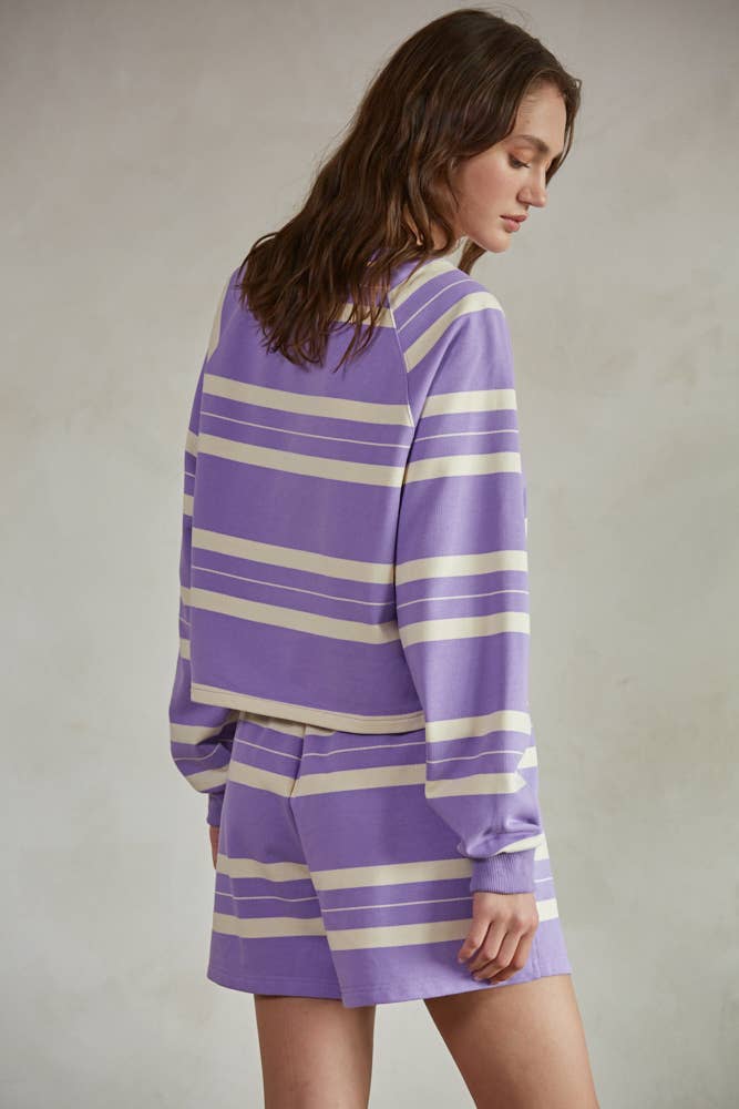 By Together L7383 | Striped Crew Neck Long Sleeve Pullover Top