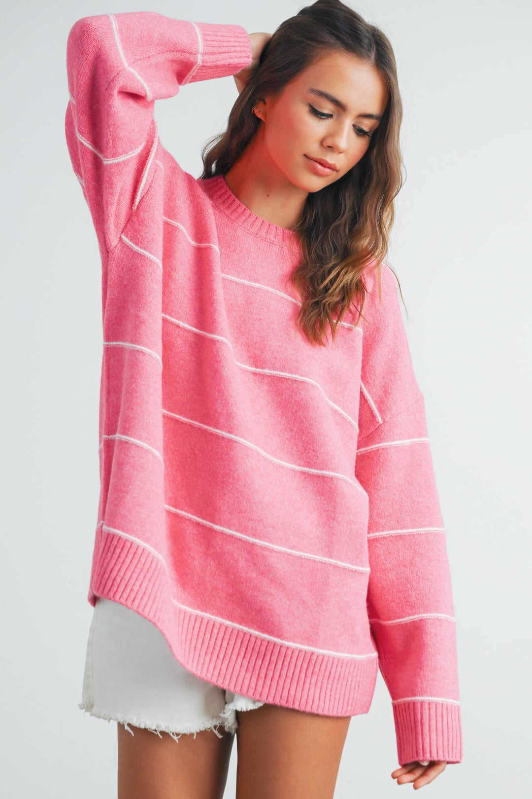 Pink striped knit sweater with white lines, cozy long sleeve pullover for women