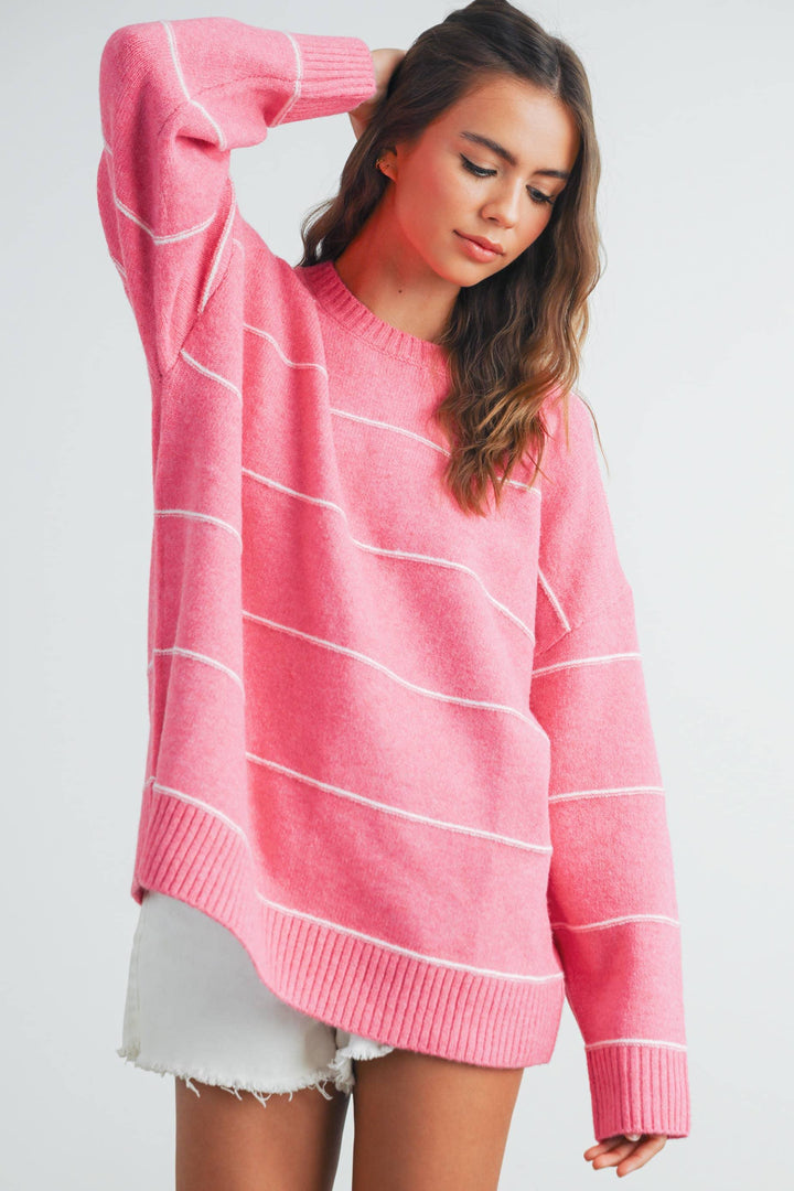 Pink striped knit sweater with white lines, cozy long sleeve pullover for women