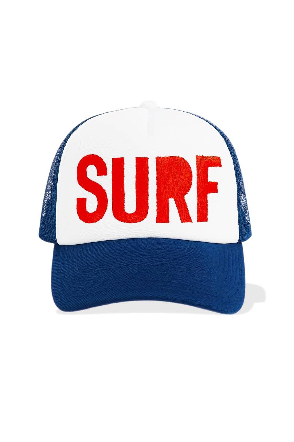 White and navy trucker hat with bold red 'SURF' embroidery, perfect for beach days and coastal adventures.