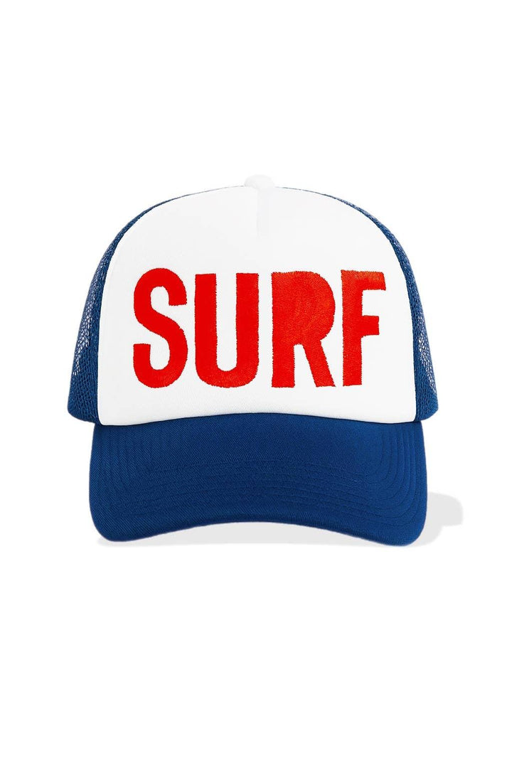 White and navy trucker hat with bold red &