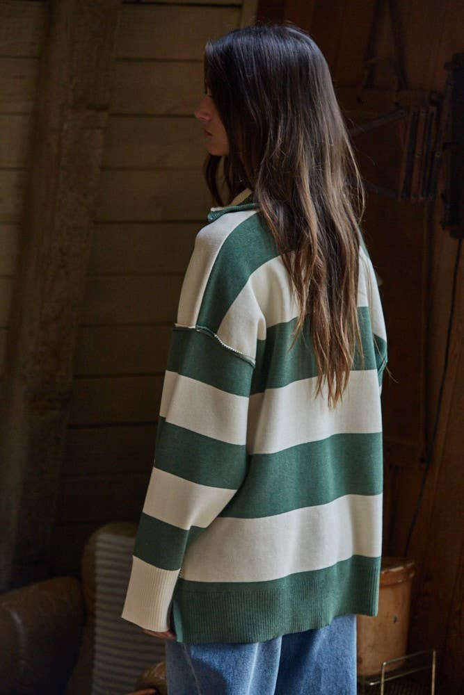 W2199 | Knit Striped Turtleneck Half Zip Up Top