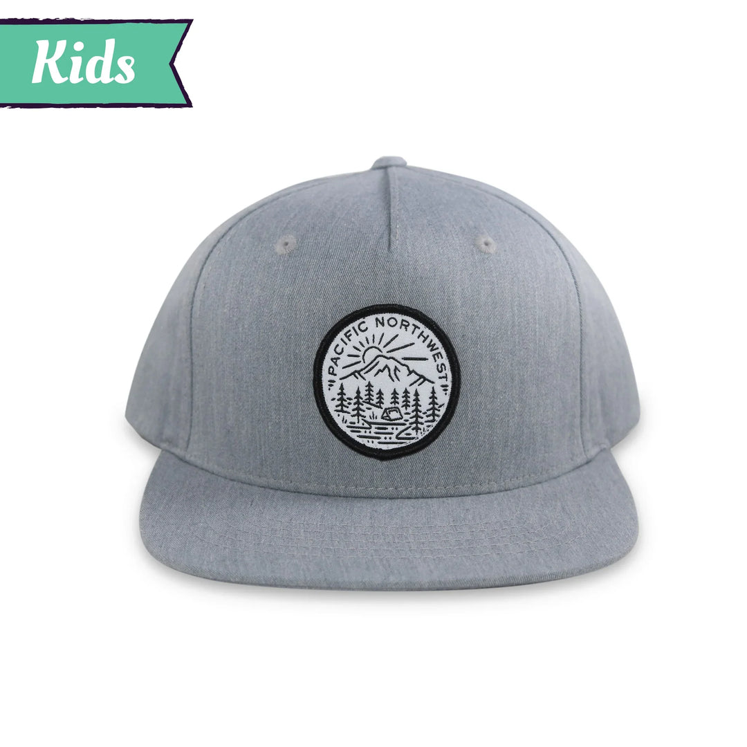 Kids gray cap with Pacific Northwest mountain and forest patch, perfect for outdoor adventures