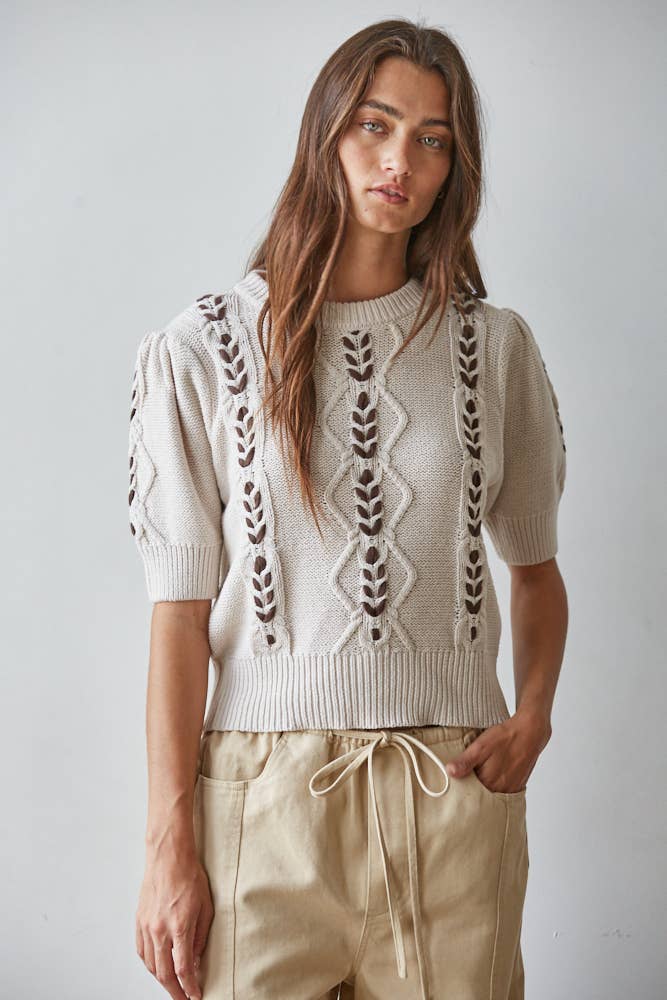 W2559 | Knit Sweater Contrast Stitch Quarter Sleeve Pullover
