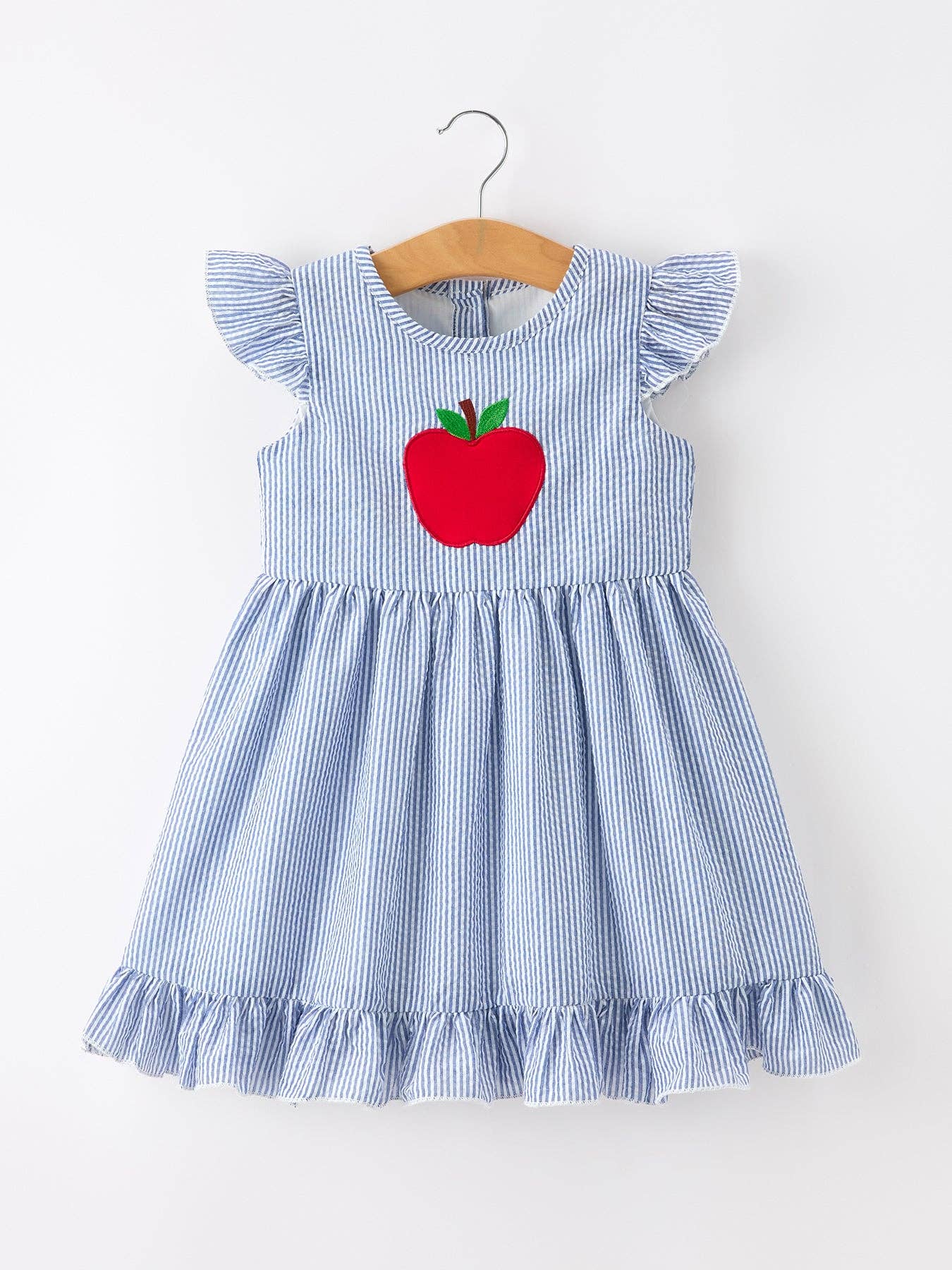 Summer Apple Applique Girls Dress Blue Stripe Ruffle